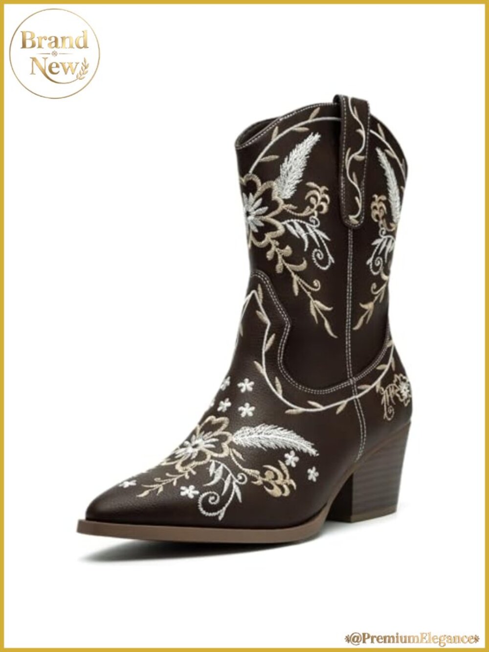 Women's Embroidered Cowboy Boots, Western Mid Calf Chunky Heel Zip Up Pointed